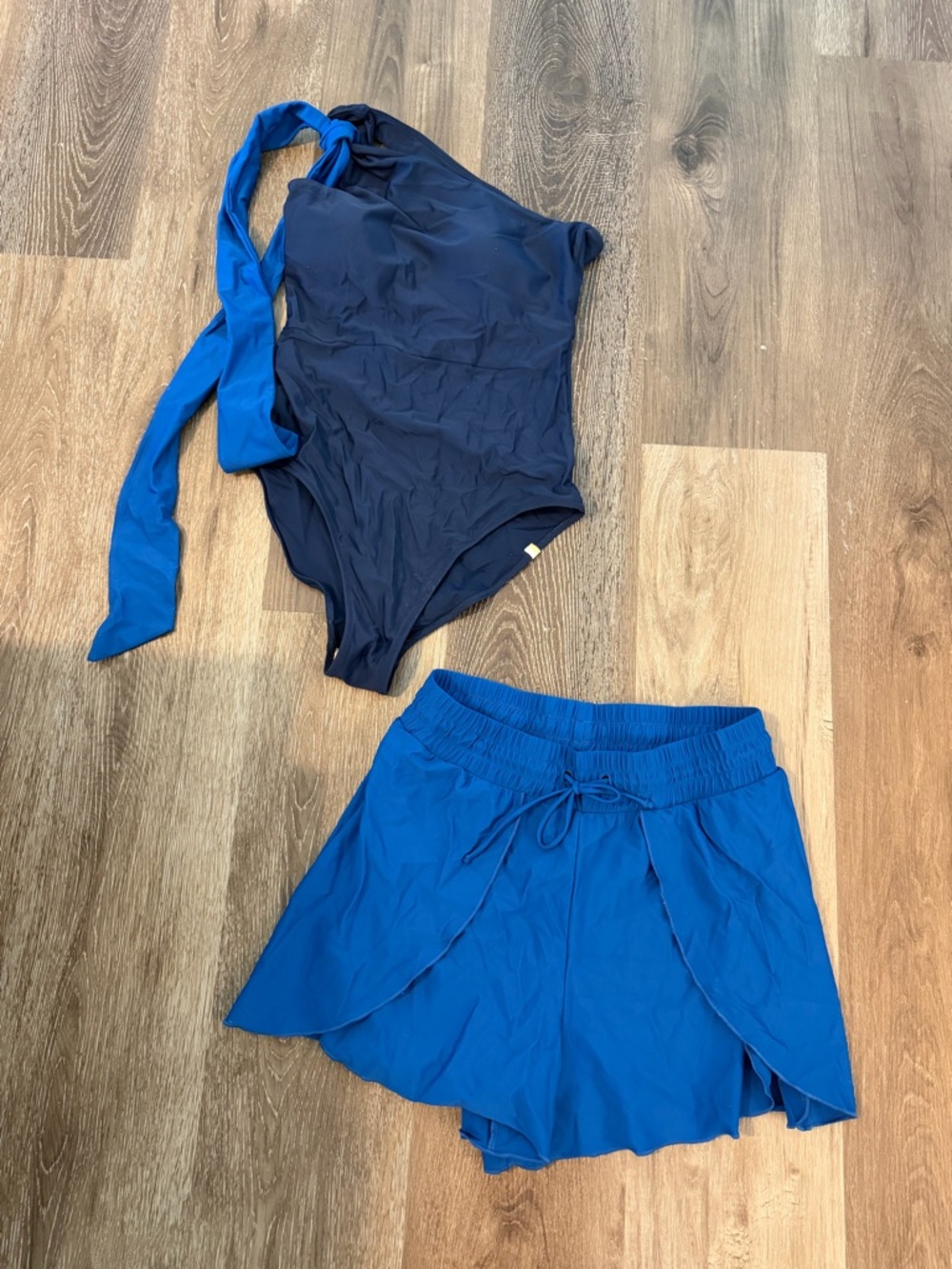 Blue One-Shoulder Swimsuit with matching shorts